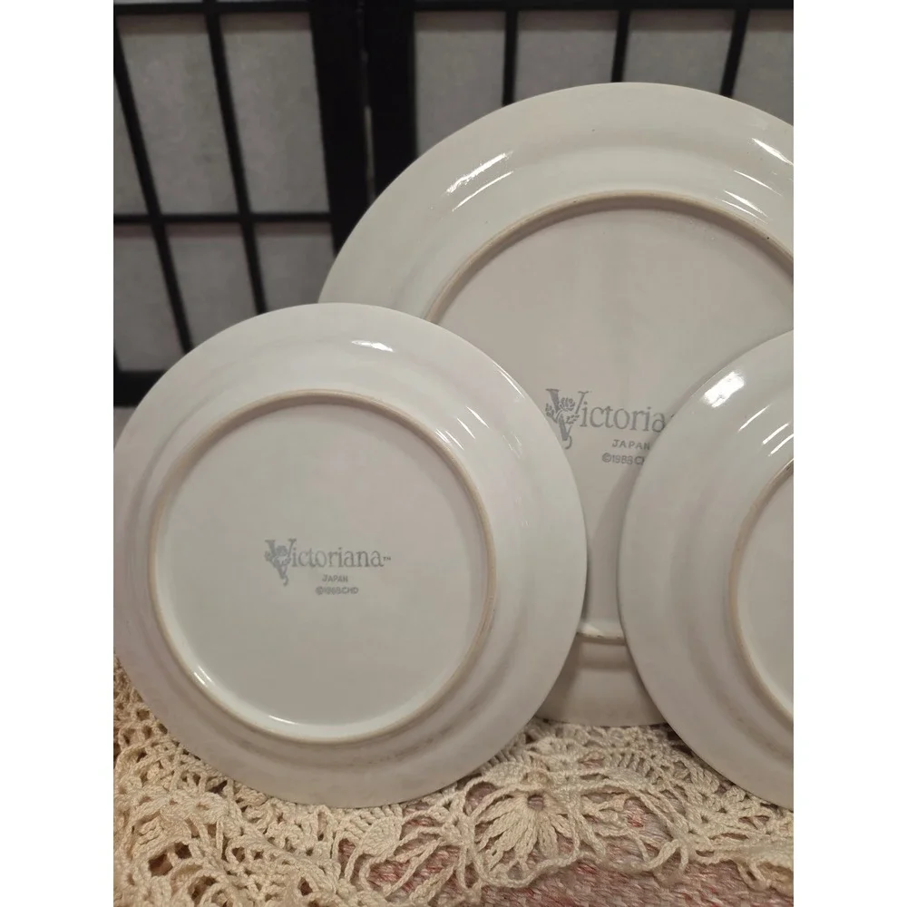 Vintage Victoriana Japan Pink Rosebud Stoneware Plate Set 1988 Cottagecore 3pc